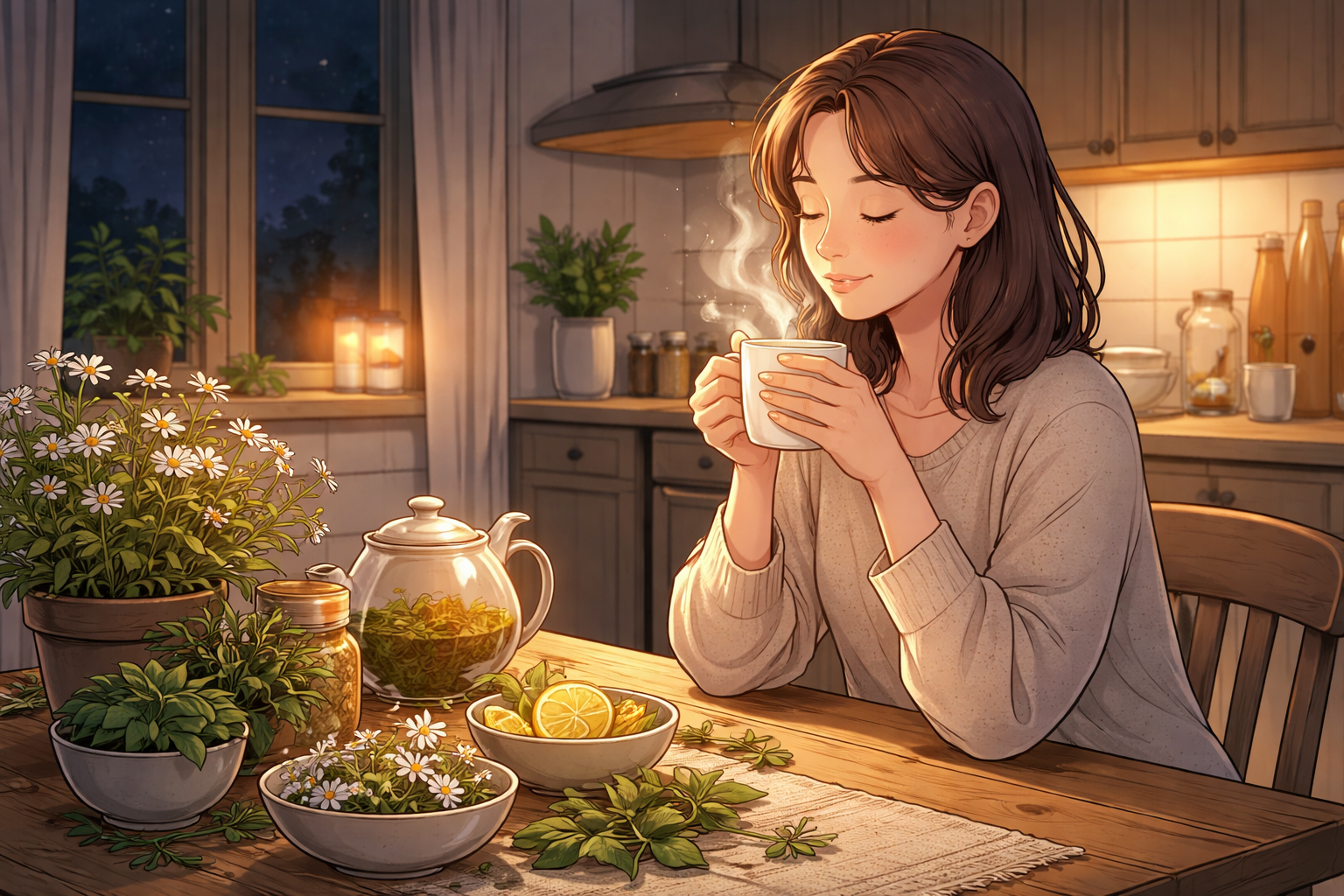 밤 시간 집에서 허브차를 마시는 사람과 테이블 위의 허브 식물을 표현한 AI 일러스트