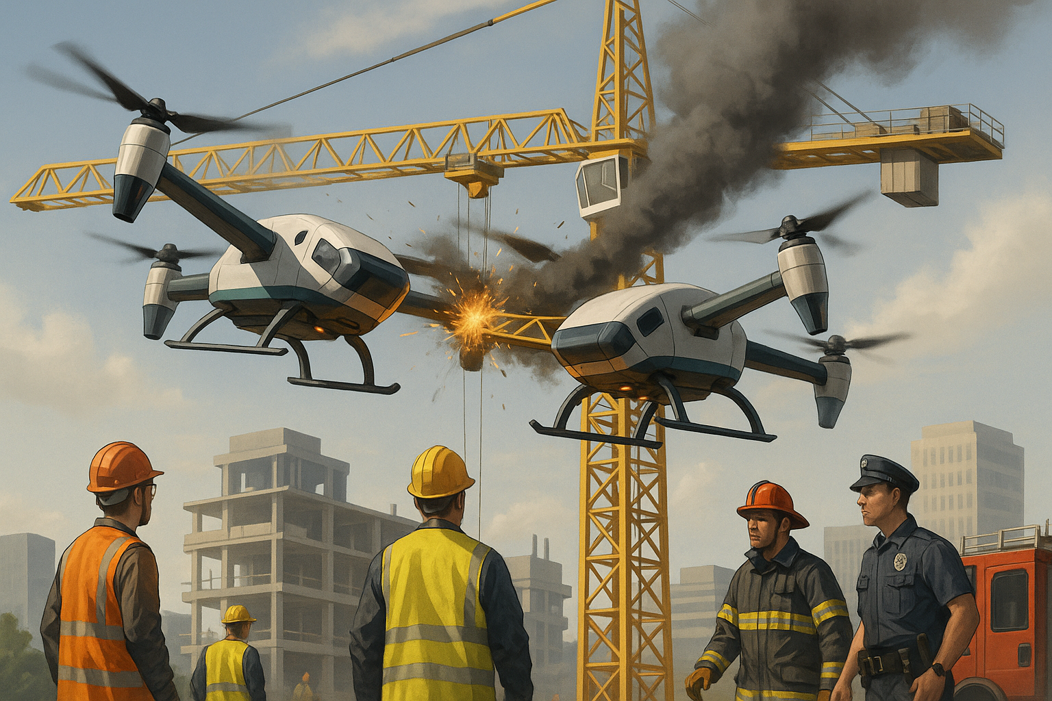 건설 현장에서 드론이 추락하는 것을 표현한 이미지
