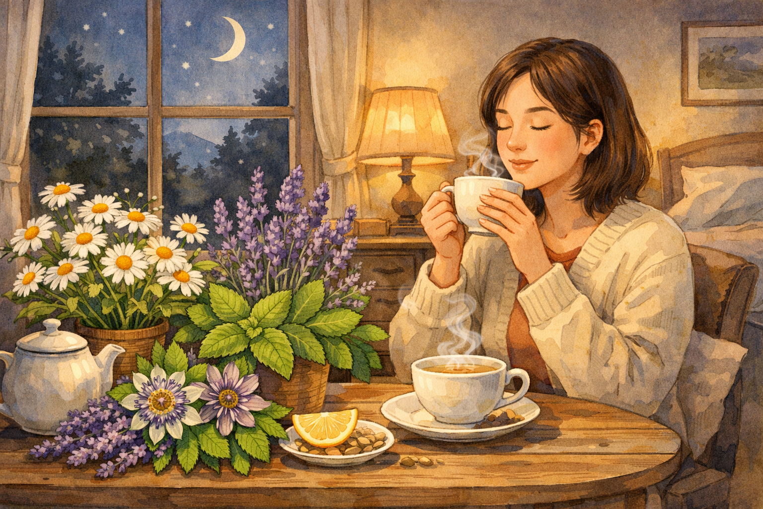 허브차를 마시며 밤에 휴식하는 사람과 카모마일 라벤더 레몬밤 패션플라워 식물이 놓인 장면을 표현한 AI 일러스트