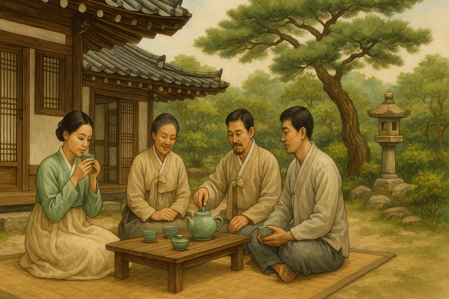 한국의 전통 차 문화를 표현한 일러스트 이미지 AI 생성 이미지