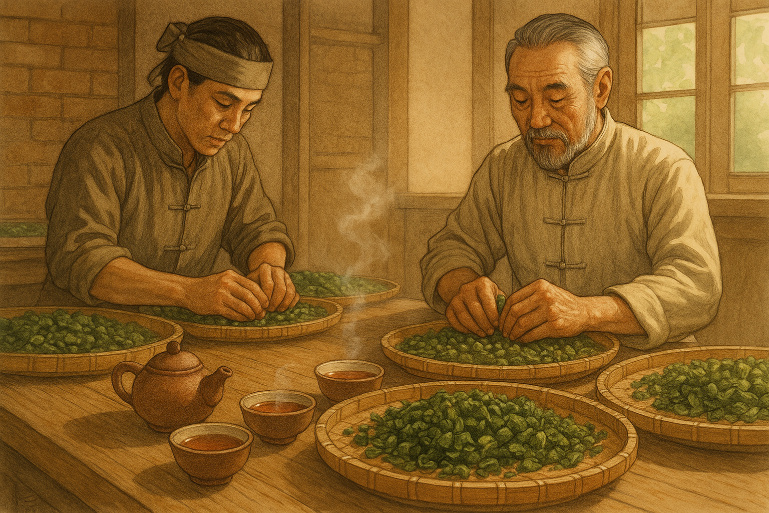 우롱차의 제작 과정을 표현한 이미지 AI 생성 이미지