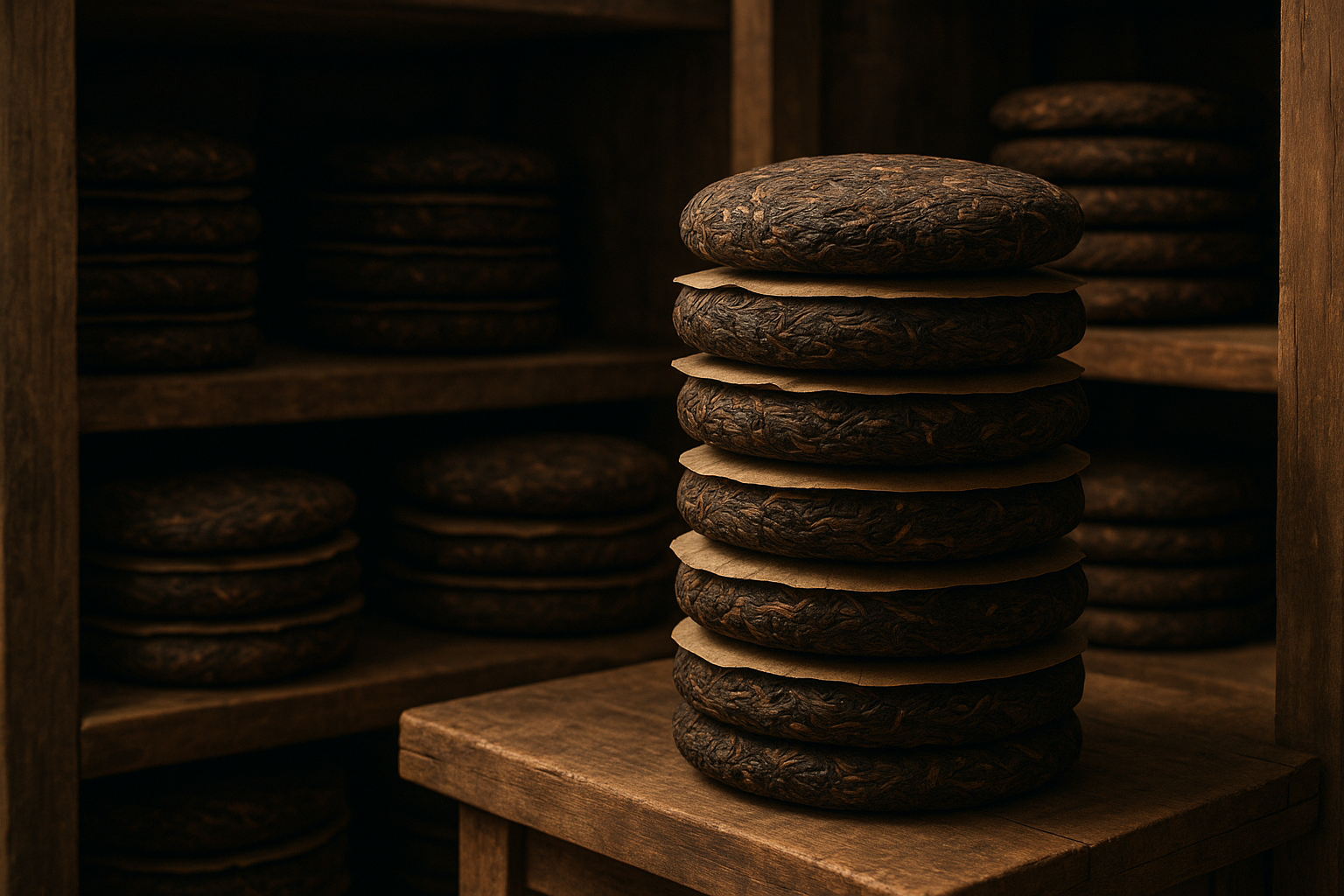 보이차를 쌓아 놓은 이미지. AI 생성 이미지